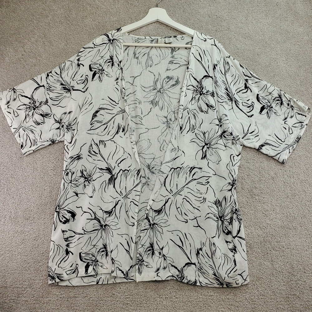 Joie Floral Kimono Open White Black Linen Rayon OS Cover‎ Up Linen Blend Capsule